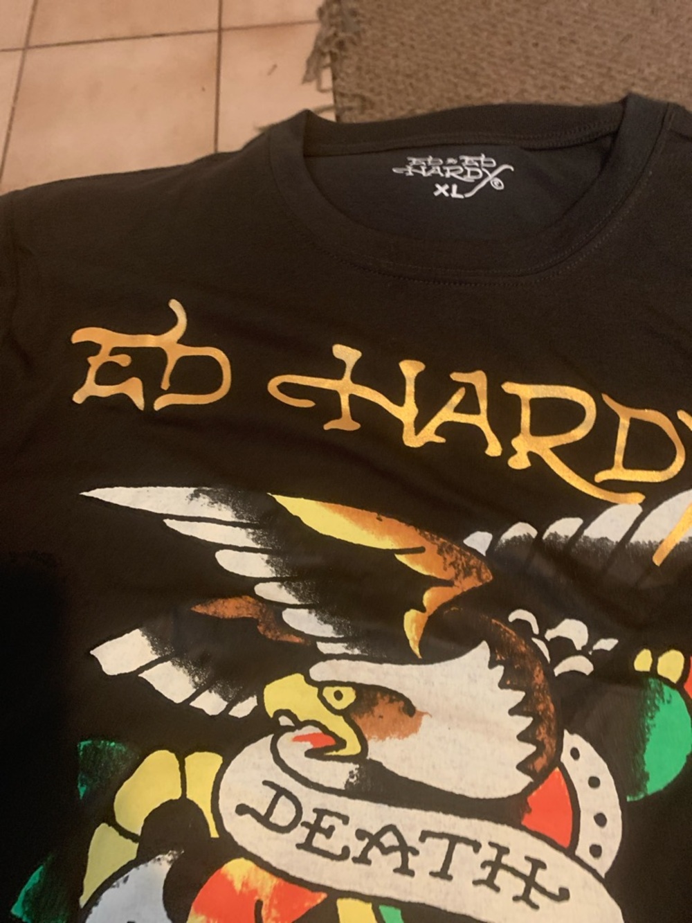 Ed Hardy Black Tattoo-Style Eagle Tee with Gold Logo